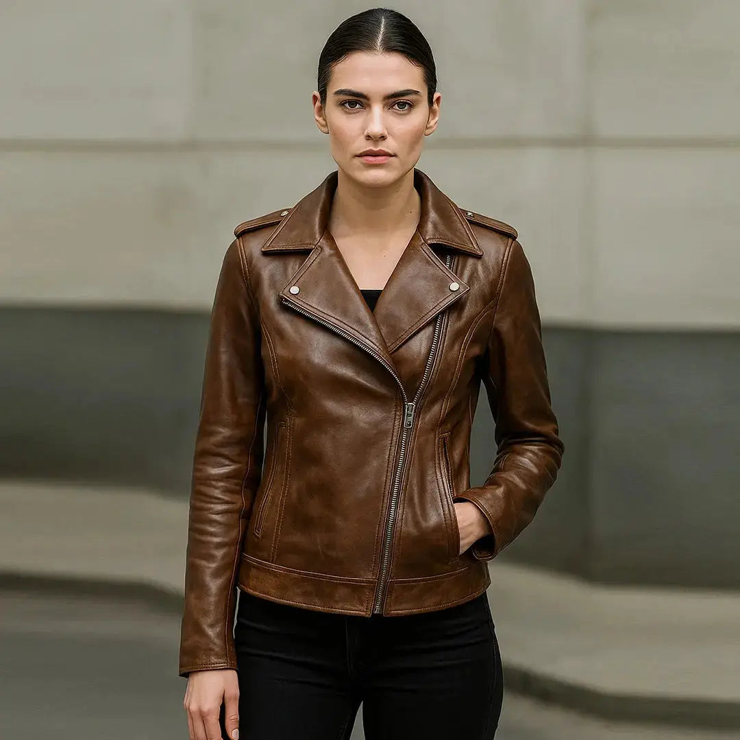 Womens Brown genuine lambskin Leather Moto Jacket – Soft Lambskin Biker Style | Premium Fit | Genuine Leather Outerwear for Her My Store