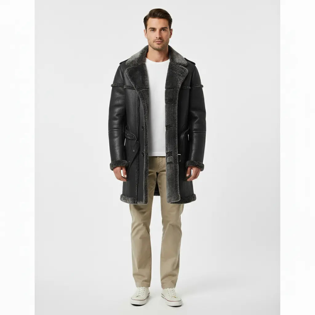Men’s Bomber Shearling Jacket – Genuine Sheepskin Long Coat, Retro Aviator / Pilot Style My Store