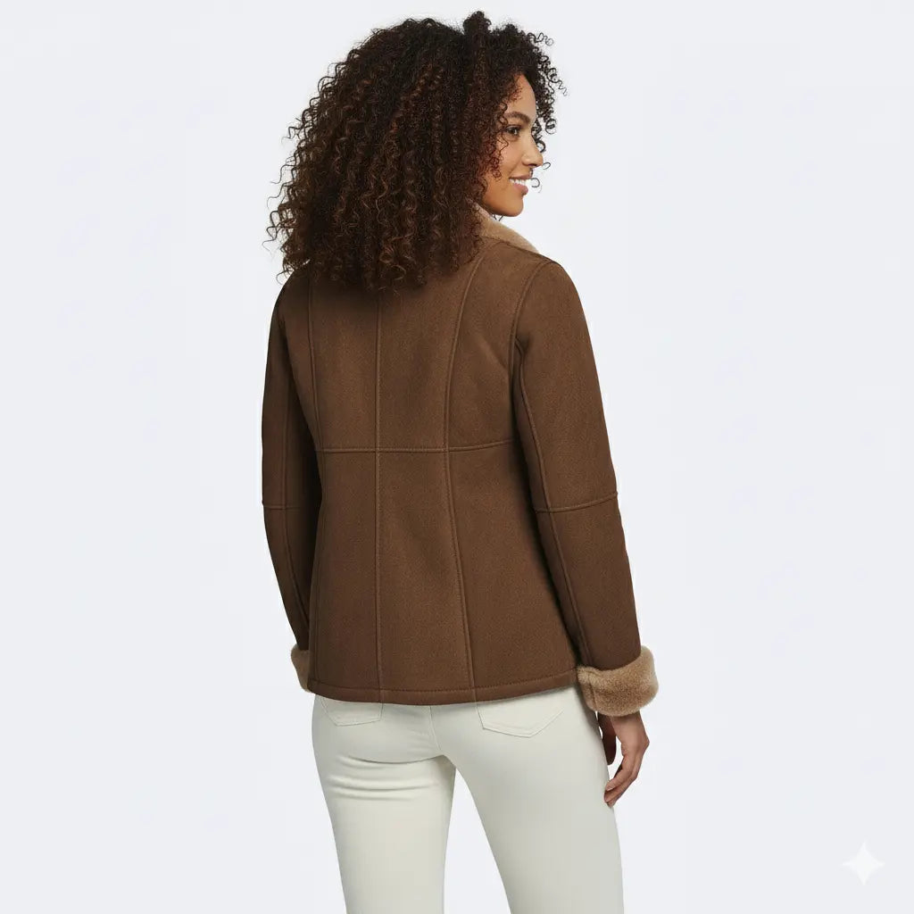 Brown Suede Shearling Jacket for Women – Faux Fur Lined Collar & Cuffs, Warm Leather Coat, Winter Bomber Style My Store