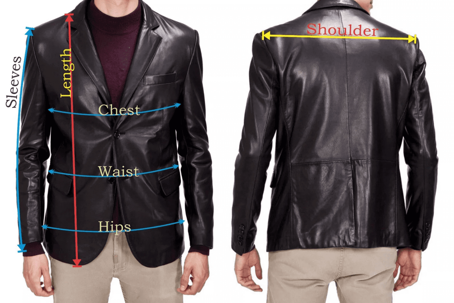 Measurement guide for Buy Black 3 Button Leather Blazer showing how to measure chest, waist, hips, sleeves, and shoulder for accurate men’s fit.