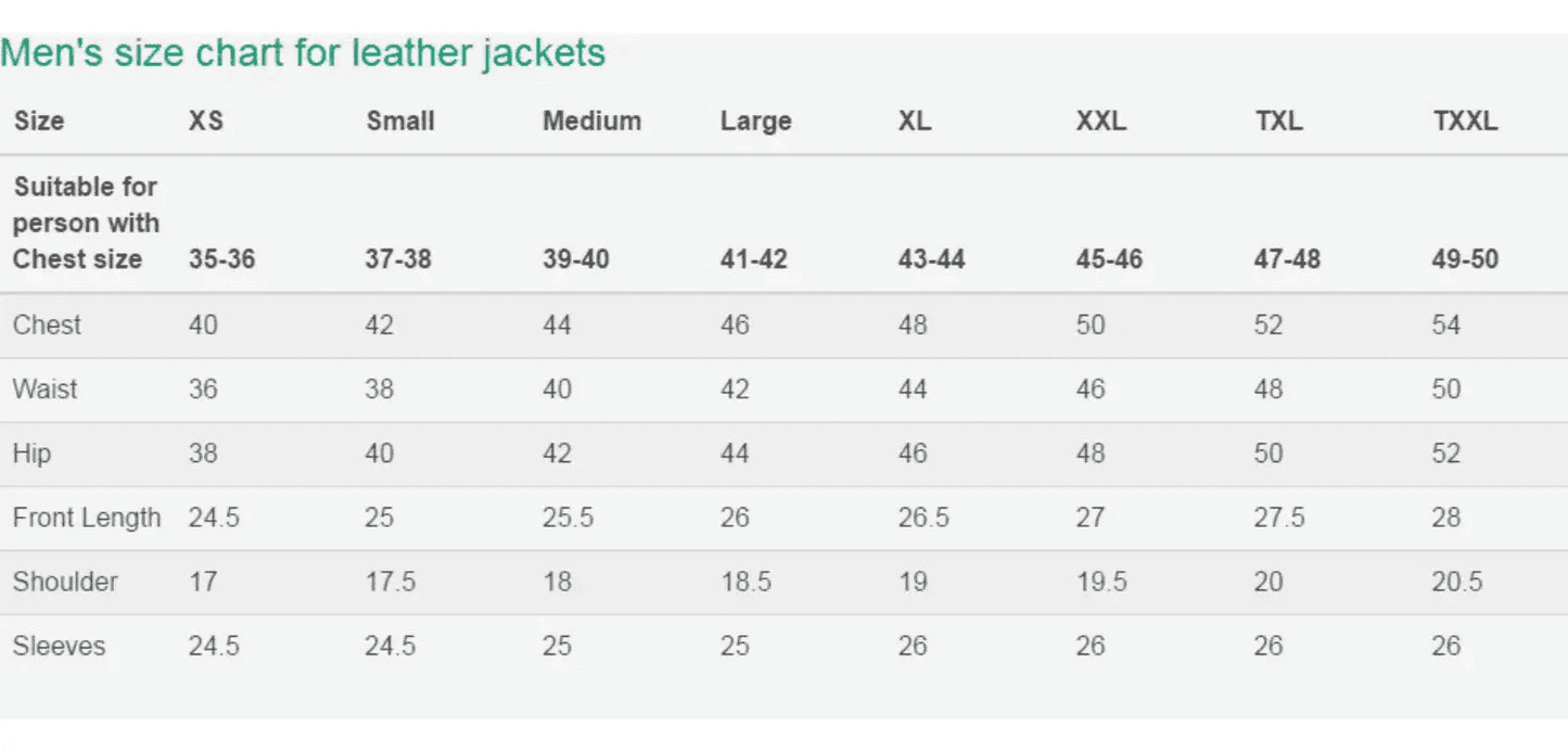Men's leather jacket size chart showing chest, waist, hip, front length, shoulder, and sleeve measurements from XS to XXXL.