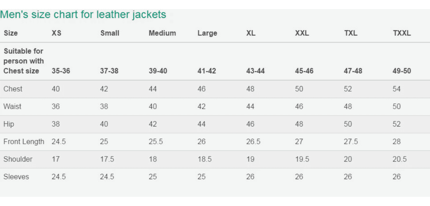 Men’s size chart for Buy Black 3 Button Leather Blazer detailing chest, waist, hip, sleeve, and shoulder dimensions from XS to TXXL.