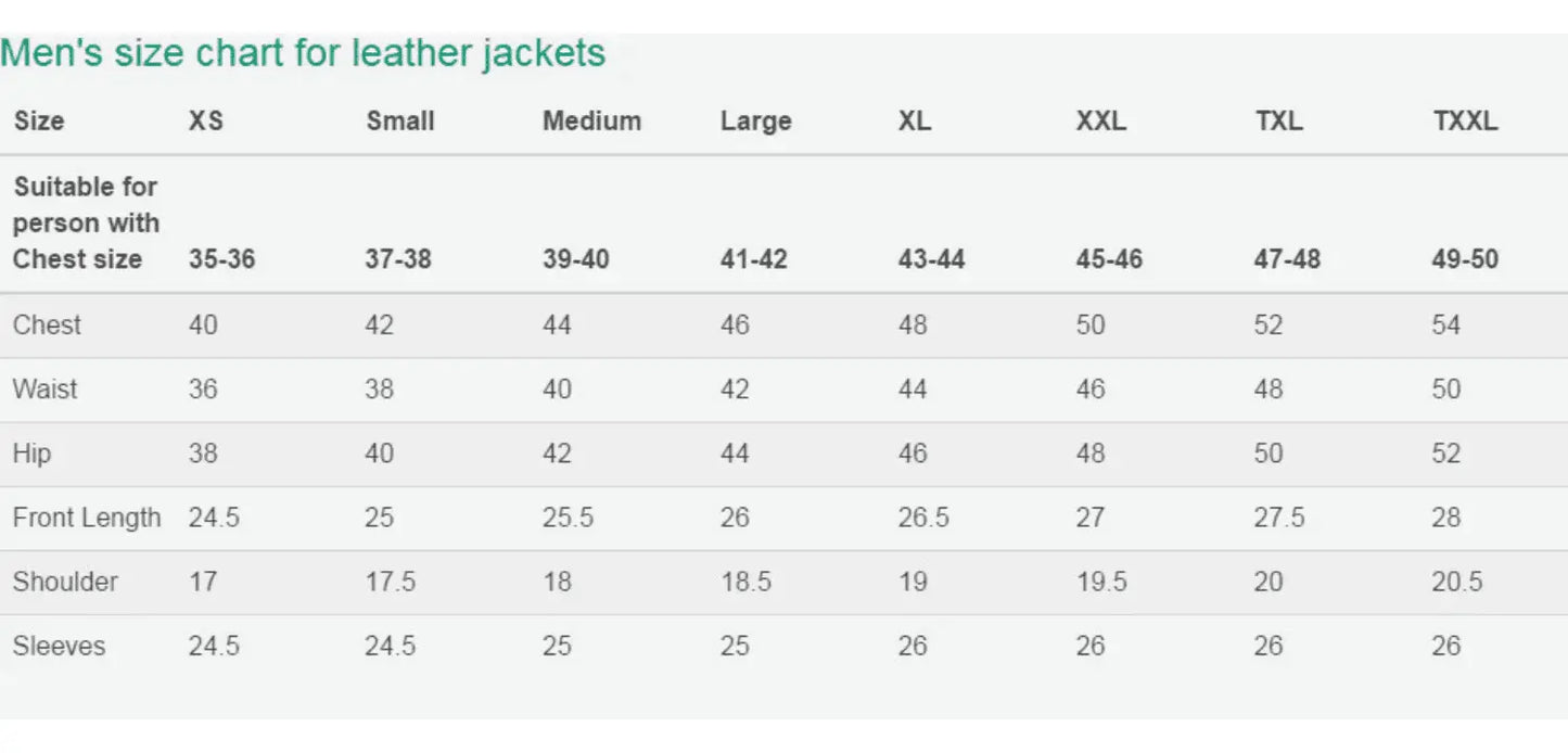 Men’s size chart for Buy Black 3 Button Leather Blazer detailing chest, waist, hip, sleeve, and shoulder dimensions from XS to TXXL.