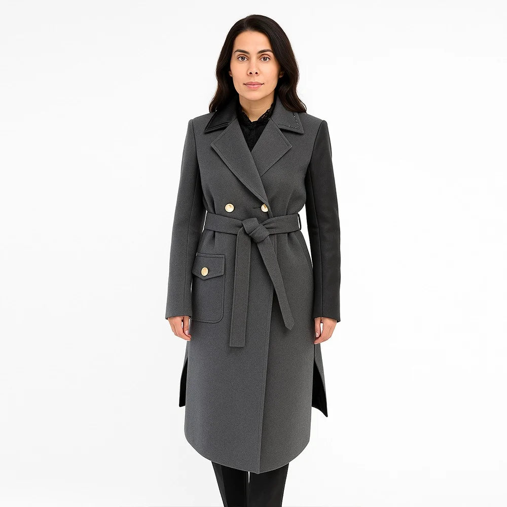 Gray Lambskin Jumbo Leather Long Caot for Women