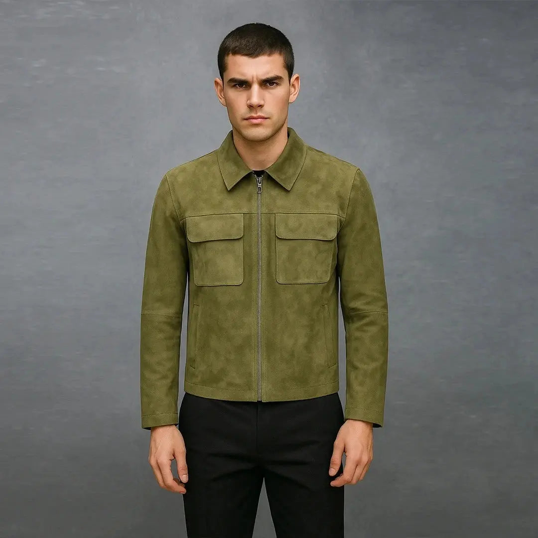 Mens Green Leather Trucker Pure Suede Jacket My Store