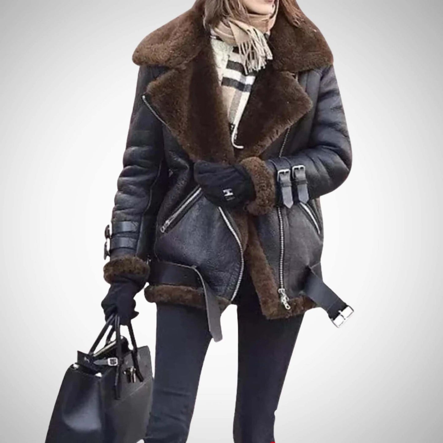 Women's Bomber Real Sheep Leather Black Jacket with BROWN Fur My Store