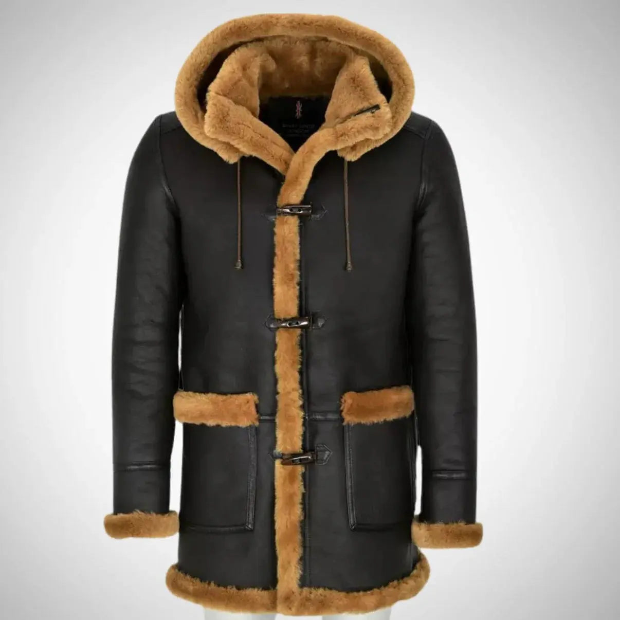 Men's Duffle Brown Fur Hooded Natural Shearling Coat My Store