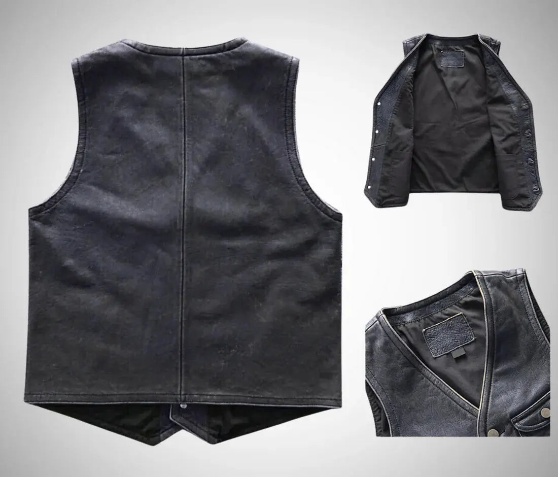 My Store black Leather Vest sleeveless biker style distressed leather with snap front closure