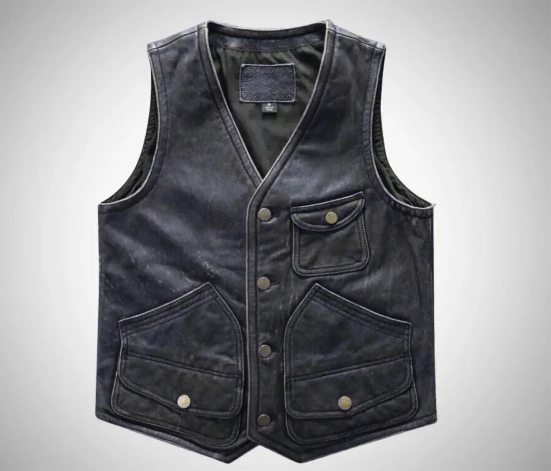 My Store black distressed Leather Vest with V neck snap button front and multiple flap pockets