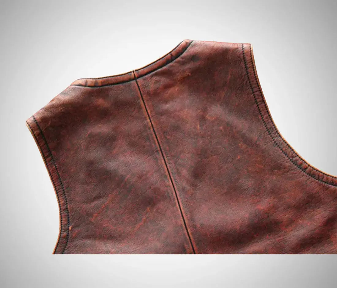Leather Vest My Store brown distressed leather sleeveless jacket back close up with center seam stitching and vintage finish