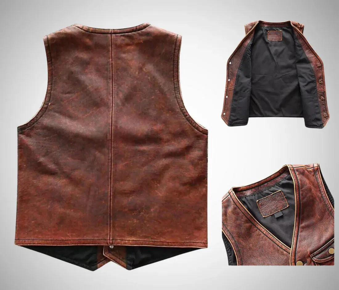 Leather Vest vintage brown distressed leather vest showing front, back, and interior black lining by My Store