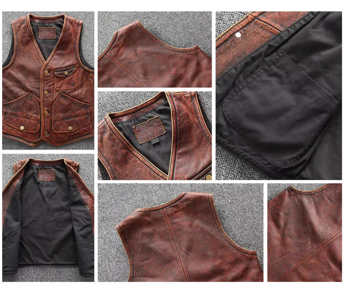 My Store brown distressed Leather Vest with snap buttons front pockets and black lining