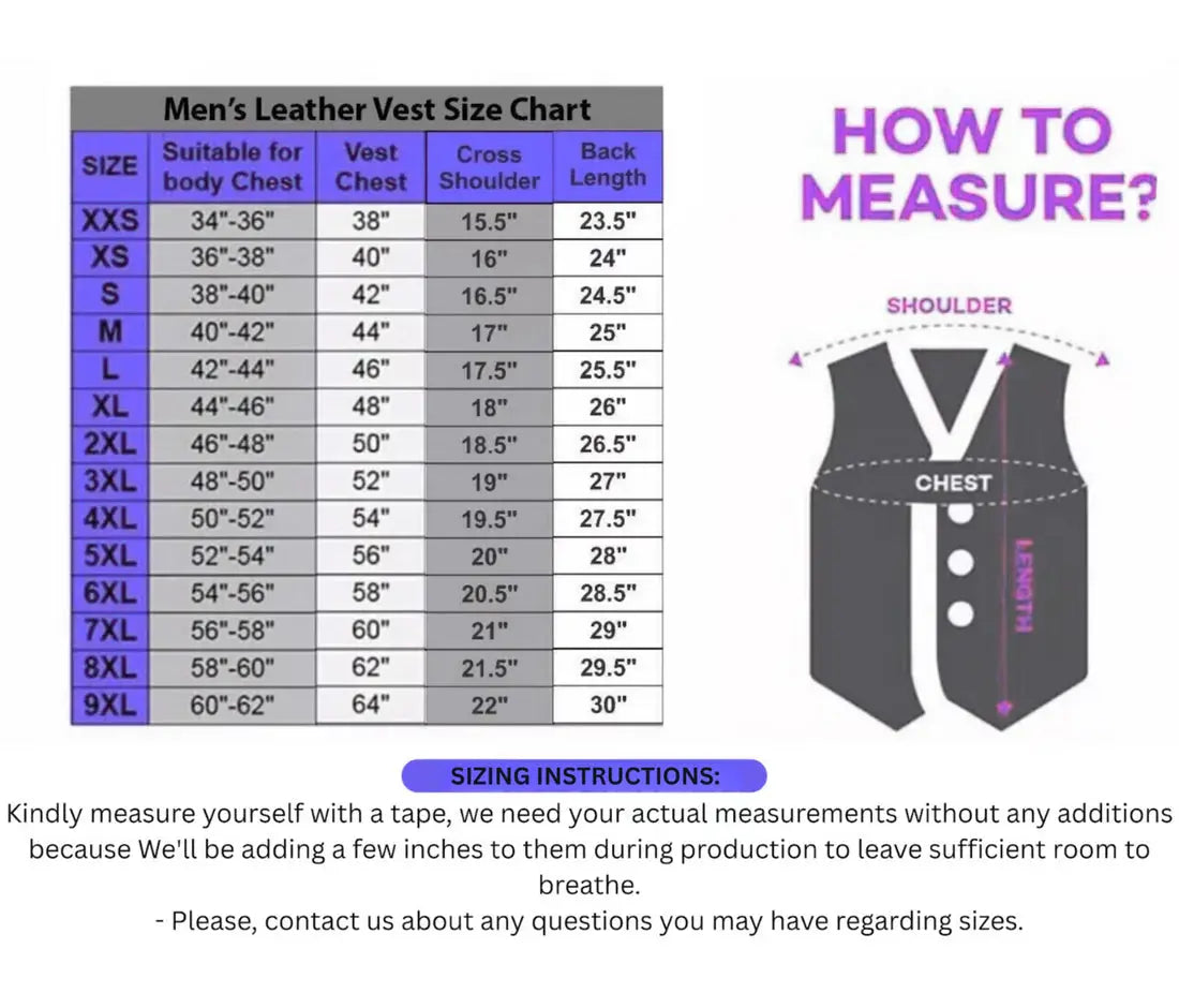 My Store mens Leather Vest size chart and how to measure guide showing chest shoulder and back length
