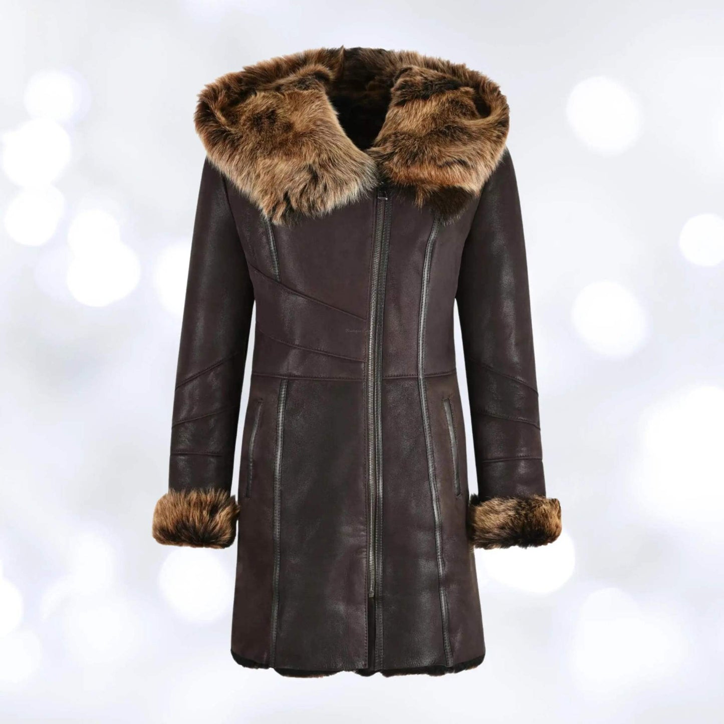 Women's Brown Hooded Shearling 3/4 Length Toscana Jacket My Store