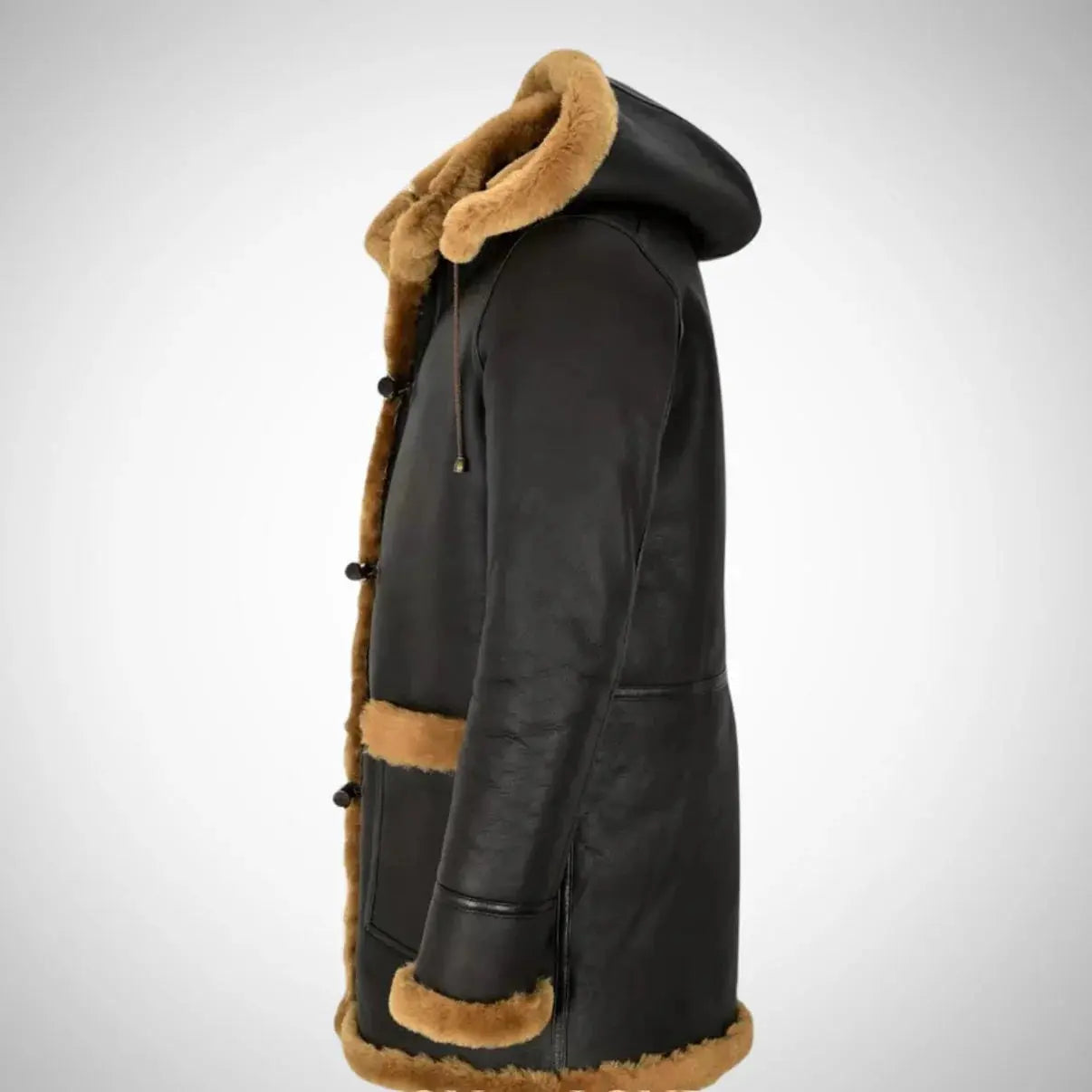 Men's Duffle Brown Fur Hooded Natural Shearling Coat My Store