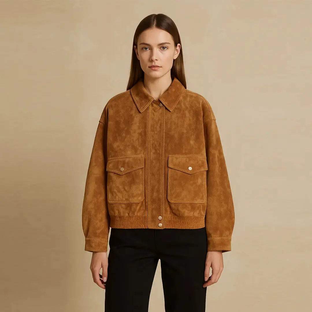 Sheep Skin Suede Leather Bomber Jacket with Pockets Camel XS - 3XL, Gift for Her, Women Fashion My Store