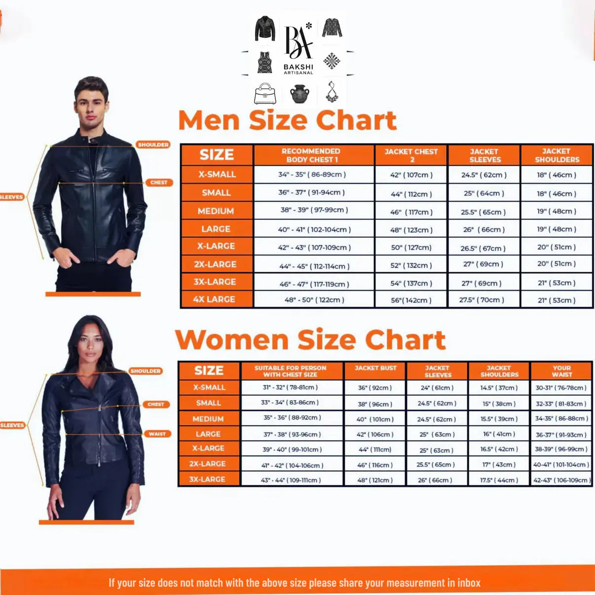 mens Leather Aviator jacket size chart poster showing male and female models in black aviator jackets