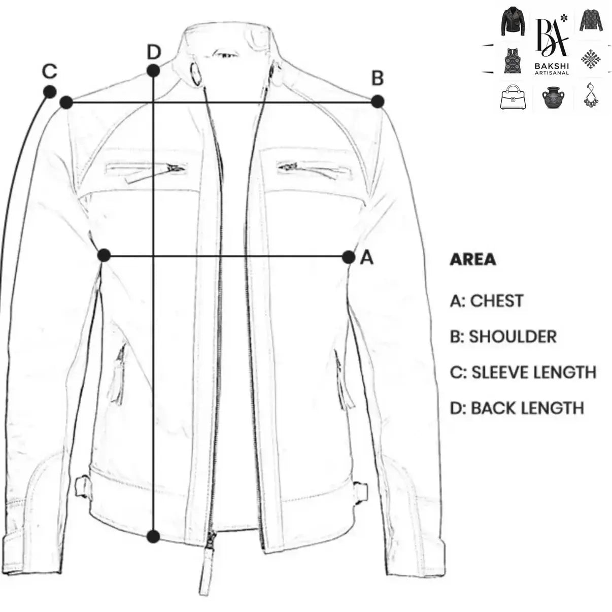 mens Leather Aviator jacket measurement diagram showing chest shoulder sleeve and back length points A B C D