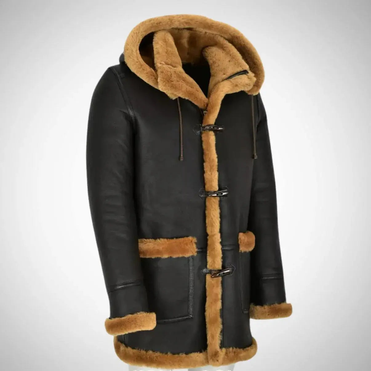 Men's Duffle Brown Fur Hooded Natural Shearling Coat My Store