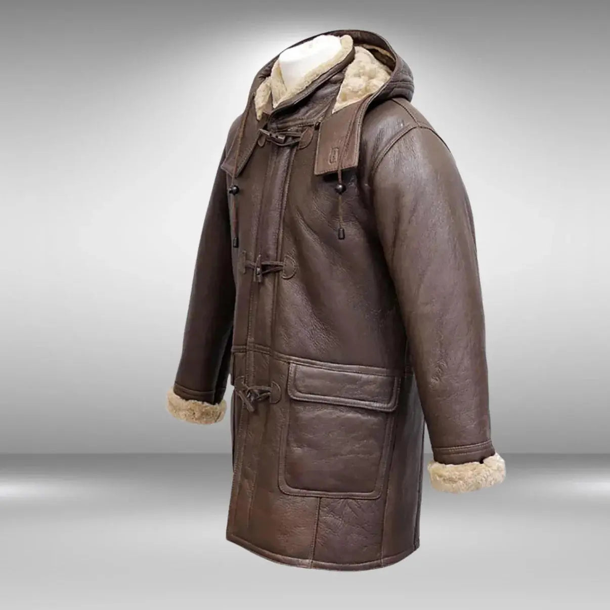 Men's Rufus Brown Real Shearling Sheepskin Leather Duffle Coat My Store