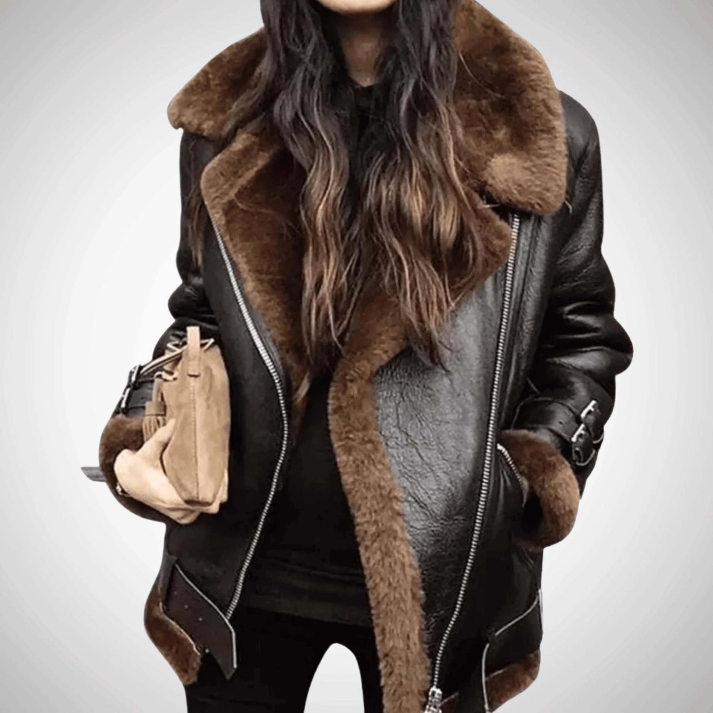 Women's Bomber Real Sheep Leather Black Jacket with BROWN Fur My Store