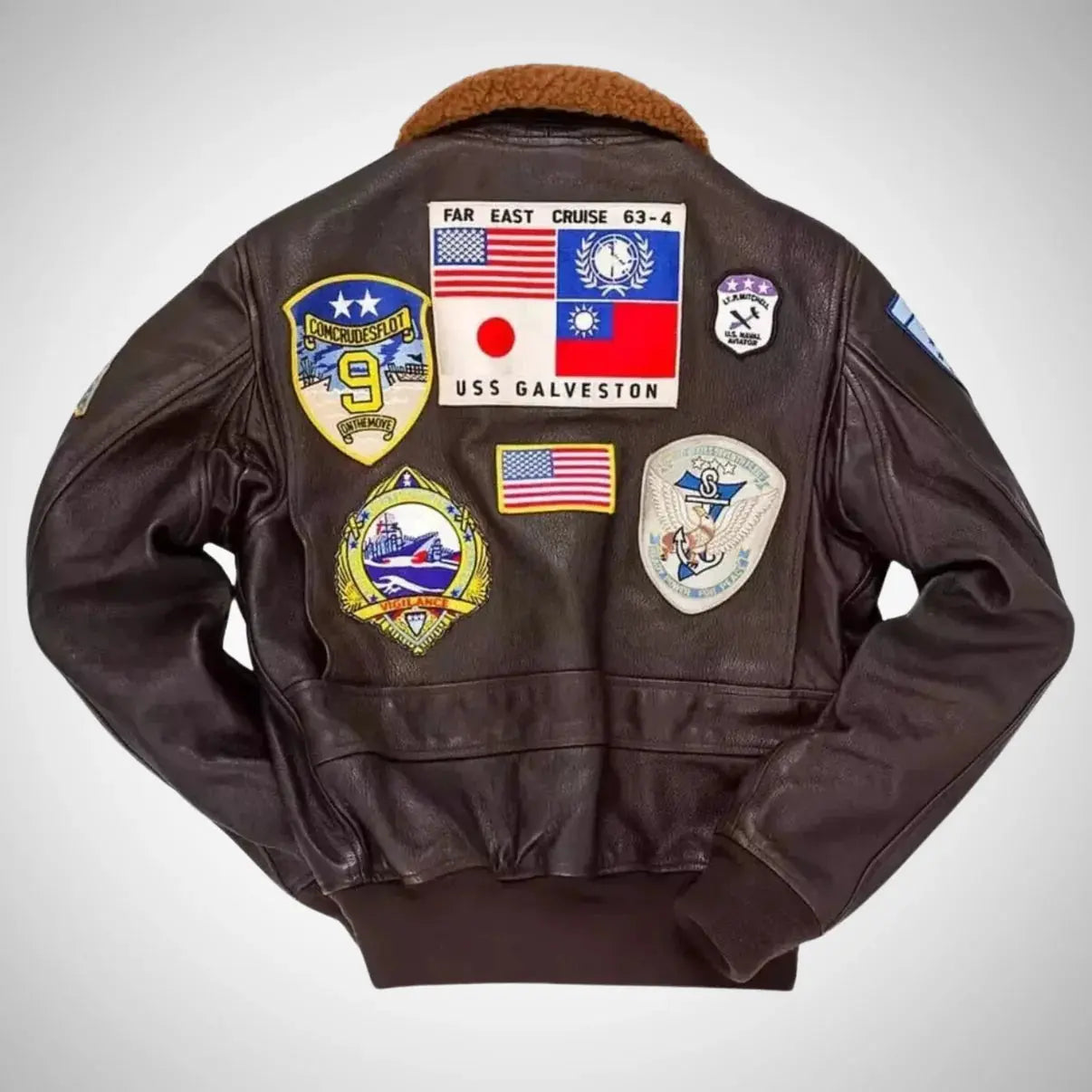 Top Gun Aviator brown leather bomber jacket with shearling collar and vintage naval patches on back