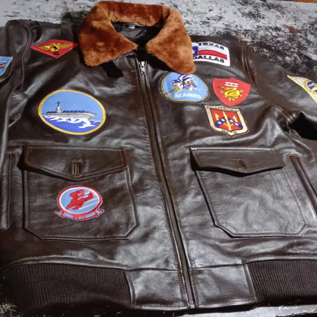 My Store Top Gun Aviator brown leather bomber jacket with shearling collar and vintage patches