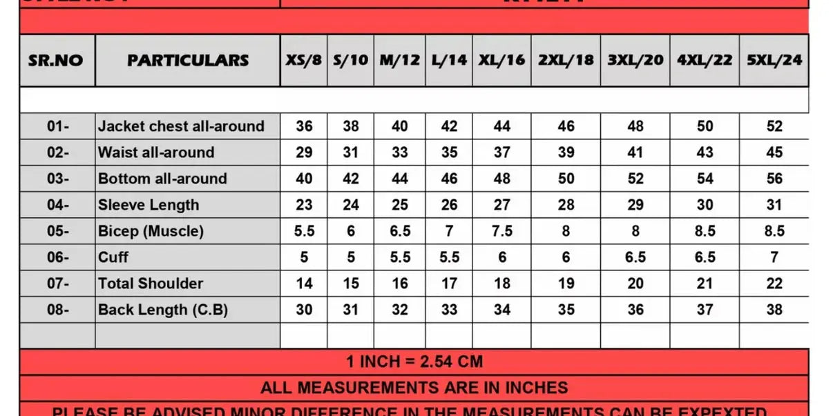 Top Gun Aviator My Store jacket size chart showing chest waist sleeve cuff shoulder and back length measurements