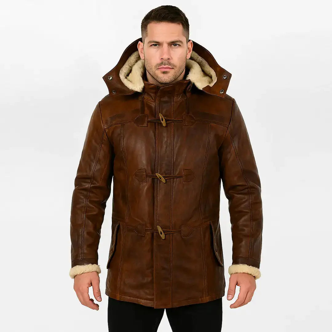 Men’s Brown Hooded Sheepskin Duffle Coat – Genuine Leather, Fur-Lined Trench, Detachable Hood My Store