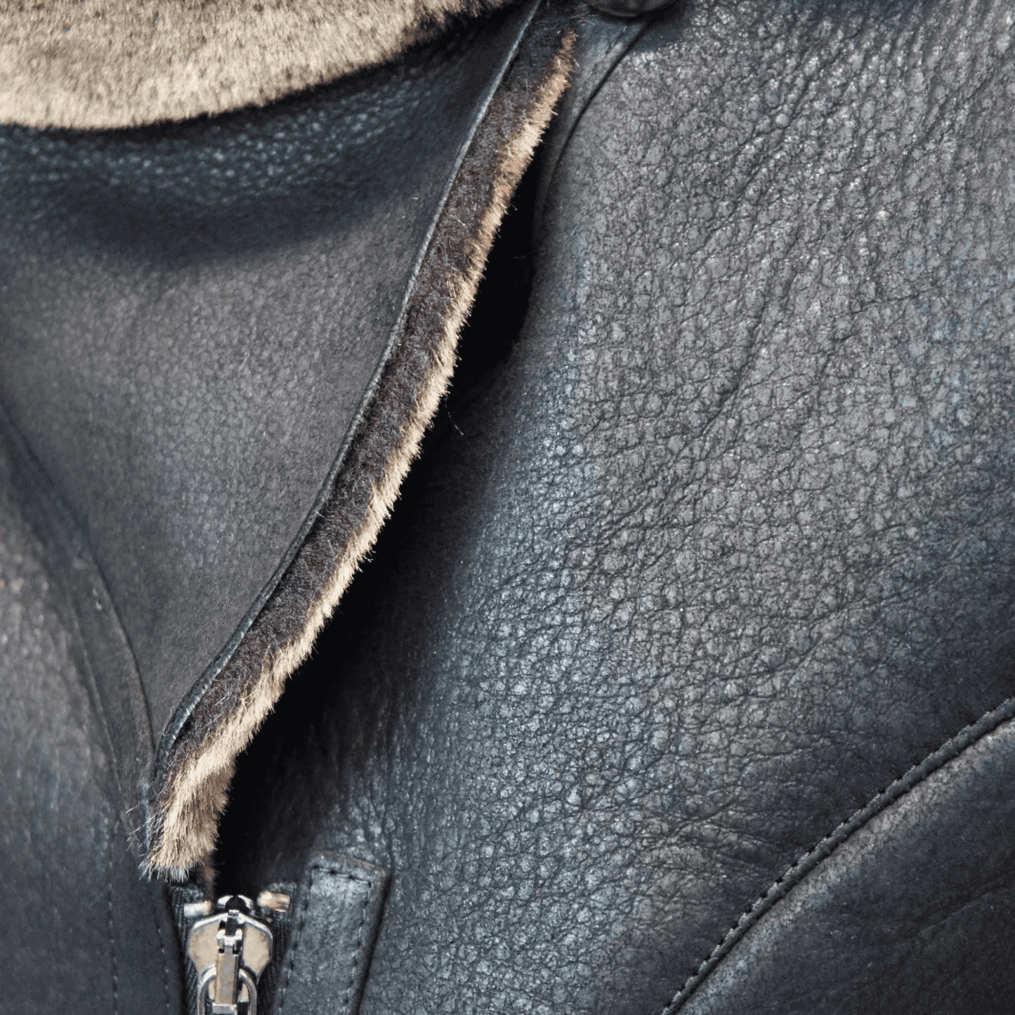 Close up black Sheepskin Shearling Coat with soft beige shearling trim and front zipper detail