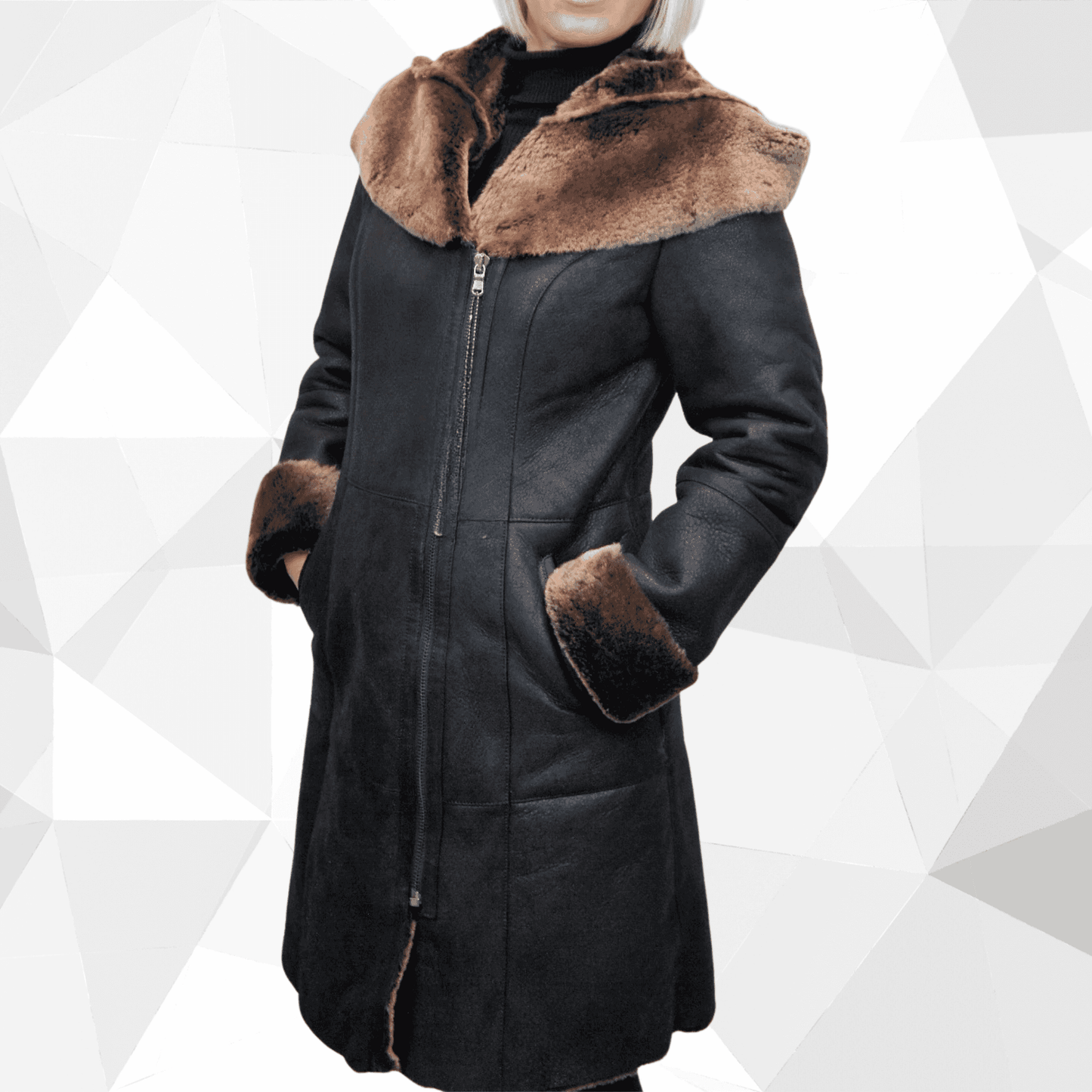 Sheepskin Shearling Coat black long zip front with brown fur collar and cuffs model with hands in pockets