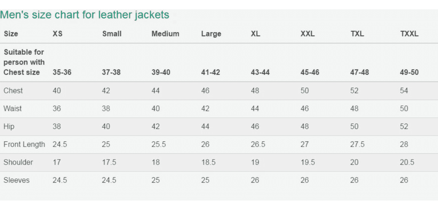 Sheepskin Shearling Coat men size chart for leather jackets showing chest waist hip front length shoulder sleeve measurements