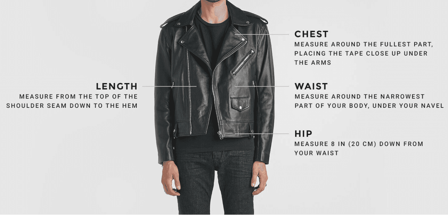 Sheepskin Shearling Coat size guide showing model wearing black moto jacket with chest waist hip and length labels