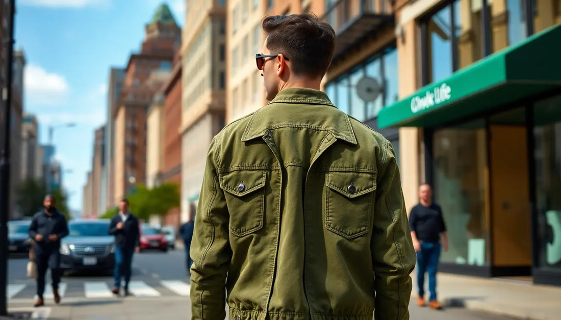 Man wearing green suede trucker jacket walking stylishly in city street.