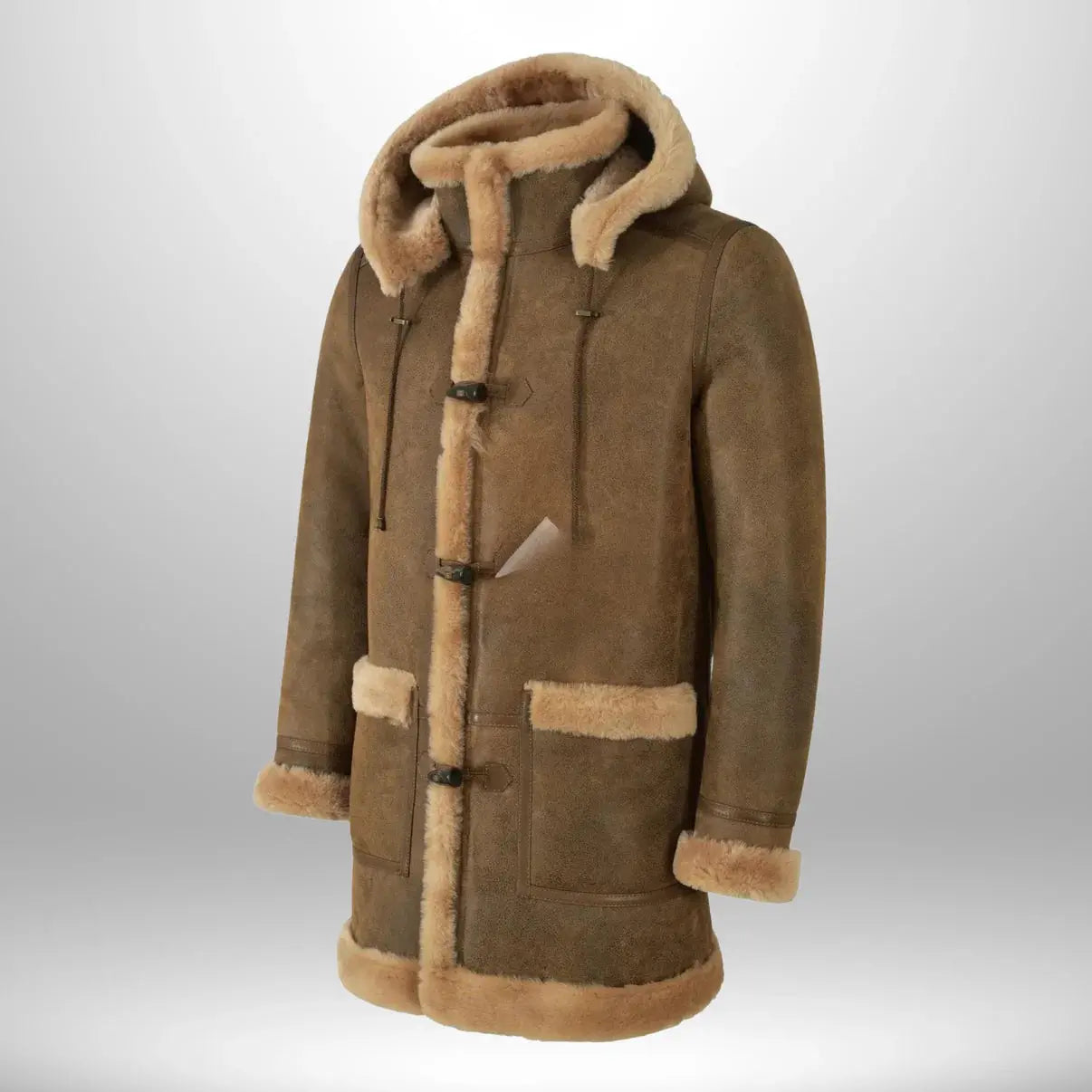 Men’s Suede Leather Duffle Shearling Hooded Winter Coat My Store