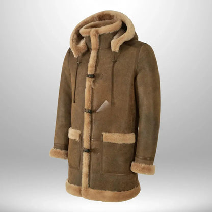 Men’s Suede Leather Duffle Shearling Hooded Winter Coat My Store