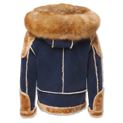 Men’s Brown & Navy Blue Shearling Moto Jacket – Retro Tan Fur-Lined Sheepskin Coat, Genuine Leather My Store