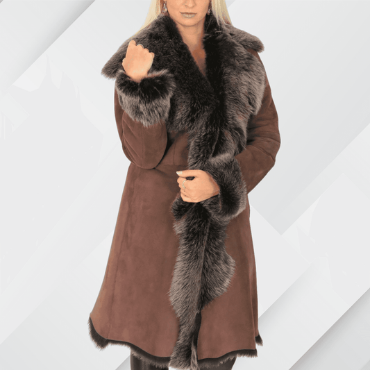 Women’s Toscana Sheepskin 3/4 Long Coat – Suede Shearling Luxury Jacket My Store