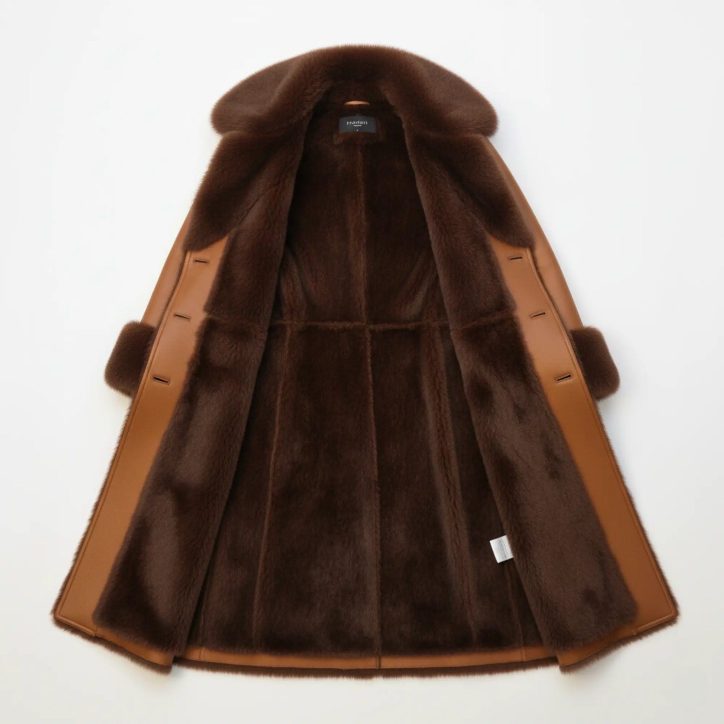 Womens Camel Brown Long Shearling Coat – Dark Brown Faux Fur Lining, Luxury Leather Trench, Warm Winter Outerwear Bakshi Artisanal