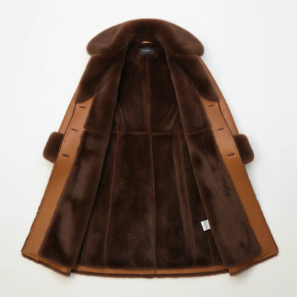 Womens Camel Brown Long Shearling Coat – Dark Brown Faux Fur Lining, Luxury Leather Trench, Warm Winter Outerwear Bakshi Artisanal