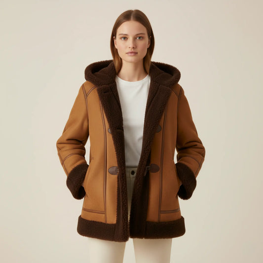 Womens Brown Suede Shearling Toggle Coat – Full Faux Fur Lined Hooded Jacket, Cozy Winter Outerwear - Perfect Gift for Her in this Winter Bakshi Artisanal