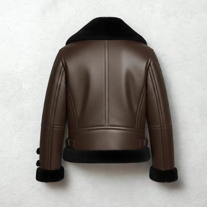Brown Shearling Leather Coat with Black Fur Lining – Shop Luxe Moto Warmth Bakshi Artisanal
