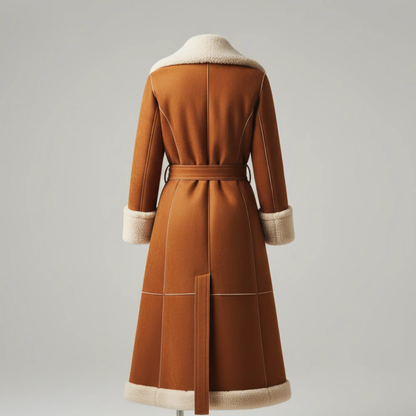 Women's Luxury Handmade Brown Shearling 3/4 long Coat – Genuine Leather Long Winter Coat with Full Shearling Lining &amp; Belted Waist Bakshi Artisanal