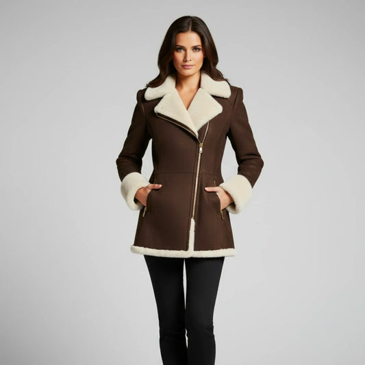 Luxury Shearling Brown Suede Coat with Faux Fur Lining & Gold Zipper Pockets – Elegant Asymmetric Winter Jacket Bakshi Artisanal
