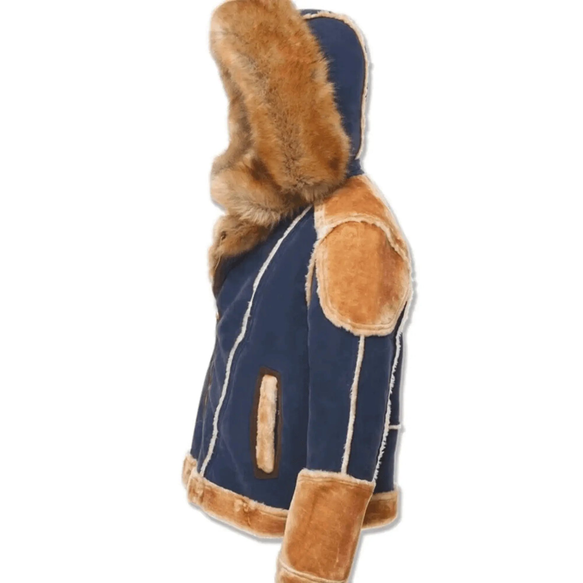 Men’s Brown & Navy Blue Shearling Moto Jacket – Retro Tan Fur-Lined Sheepskin Coat, Genuine Leather My Store
