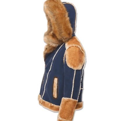 Men’s Brown & Navy Blue Shearling Moto Jacket – Retro Tan Fur-Lined Sheepskin Coat, Genuine Leather My Store