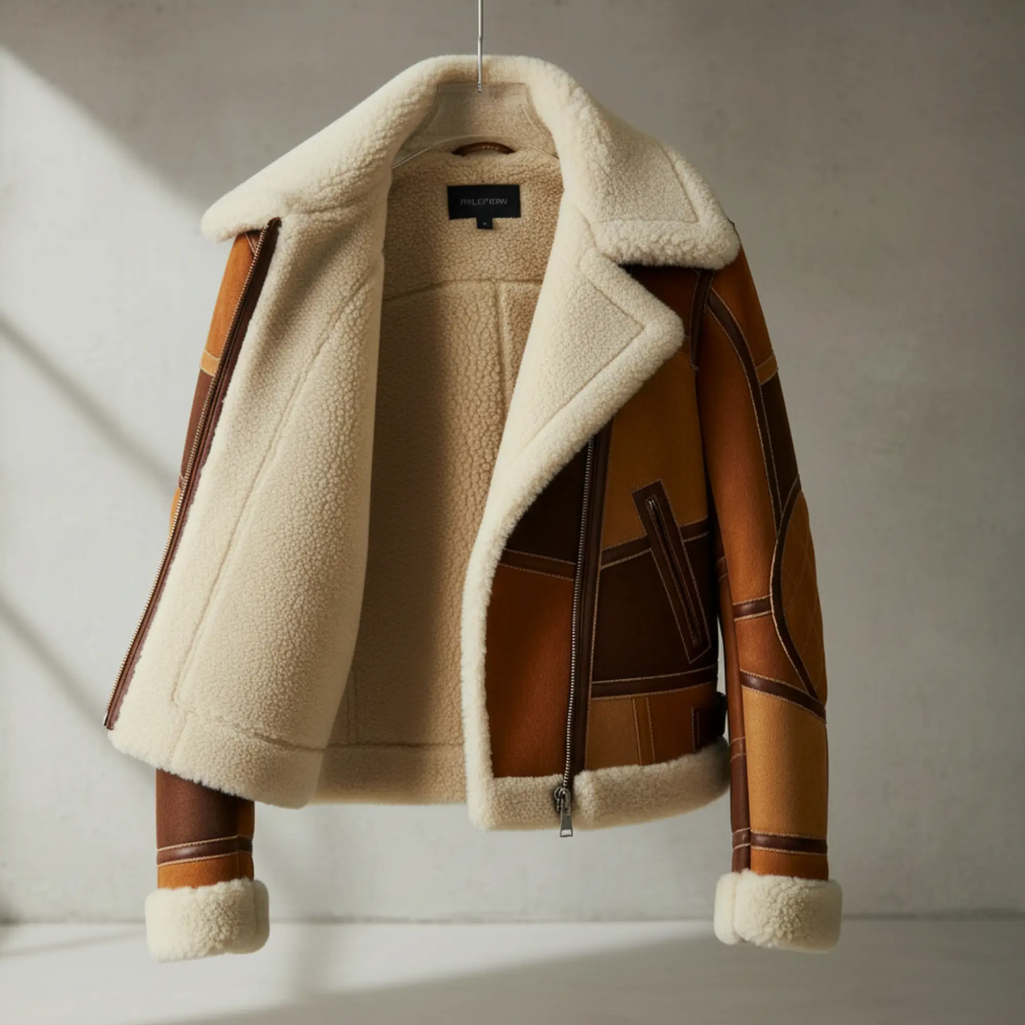 Womens Brown Patchwork Suede Leather Shearling Jacket – Full Sherpa Lined Luxe Coat, Winter Outerwear for Sale Bakshi Artisanal