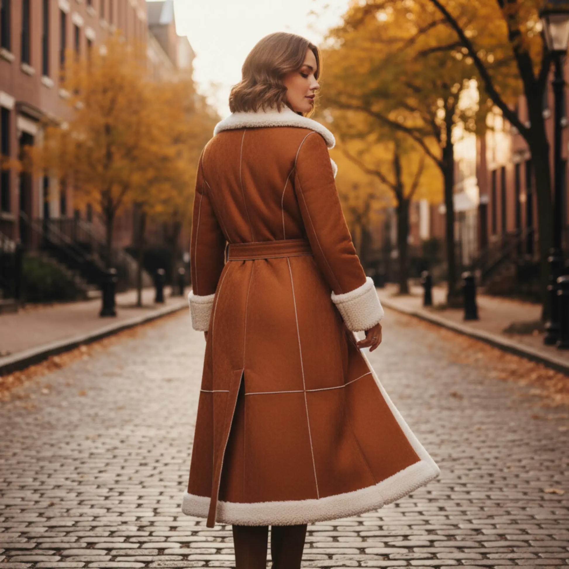 Women's Luxury Handmade Brown Shearling 3/4 long Coat – Genuine Leather Long Winter Coat with Full Shearling Lining &amp; Belted Waist Bakshi Artisanal