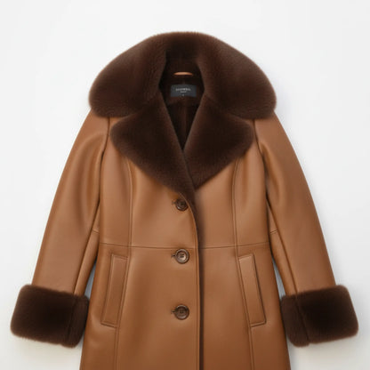 Womens Camel Brown Long Shearling Coat – Dark Brown Faux Fur Lining, Luxury Leather Trench, Warm Winter Outerwear Bakshi Artisanal