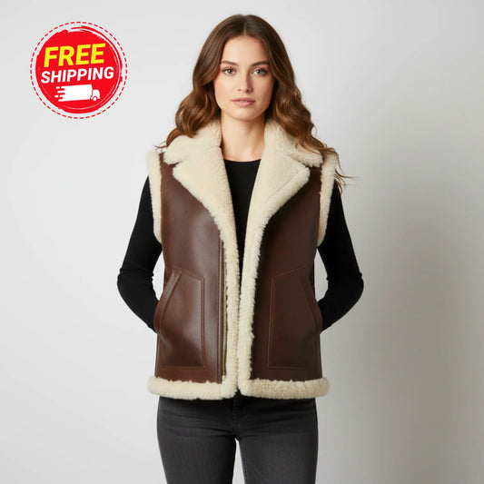 Genuine Shearling Leather Vest for Women - Oversized Brown Faux Fur Lined, Vintage Style Bakshi Artisanal
